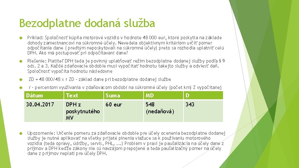 Bezodplatne dodaná služba Príklad: Spoločnosť kúpila motorové vozidlo v hodnote 48 000 eur, ktoré Bezodplatne dodaná služba Príklad: Spoločnosť kúpila motorové vozidlo v hodnote 48 000 eur, ktoré
