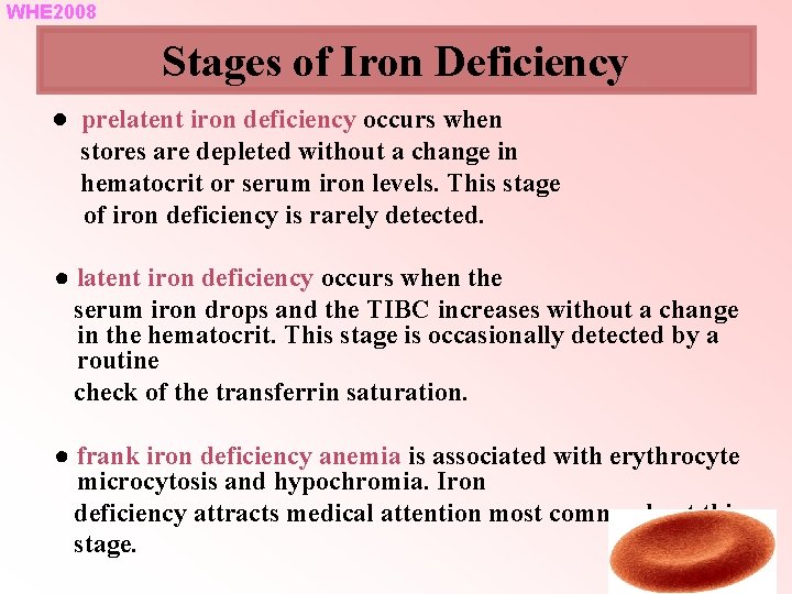 WHE 2008 Stages of Iron Deficiency ● prelatent iron deficiency occurs when stores are