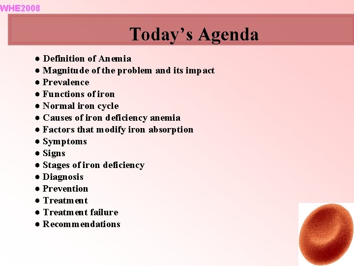 WHE 2008 Today’s Agenda ● Definition of Anemia ● Magnitude of the problem and