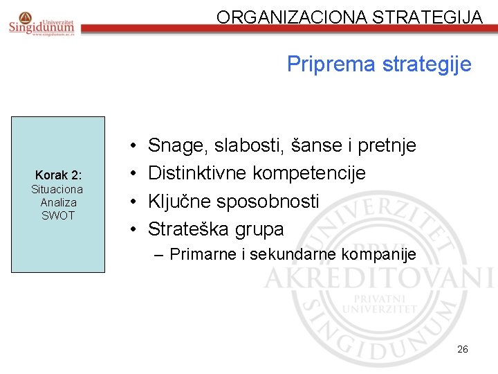 ORGANIZACIONA STRATEGIJA Priprema strategije Korak 2: Situaciona Analiza SWOT • • Snage, slabosti, šanse ORGANIZACIONA STRATEGIJA Priprema strategije Korak 2: Situaciona Analiza SWOT • • Snage, slabosti, šanse