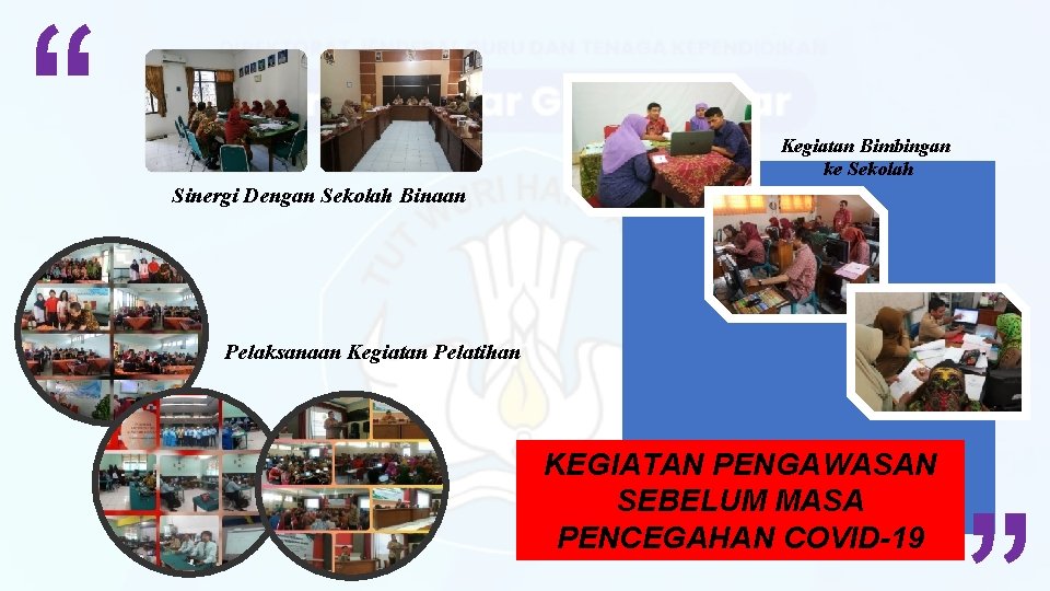 Kegiatan Bimbingan ke Sekolah Sinergi Dengan Sekolah Binaan Pelaksanaan Kegiatan Pelatihan KEGIATAN PENGAWASAN SEBELUM