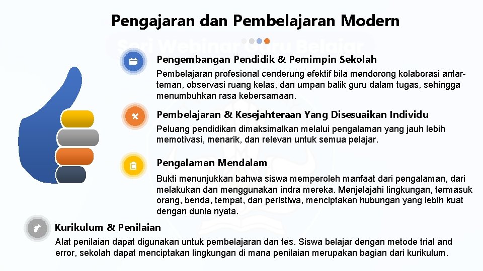 Pengajaran dan Pembelajaran Modern Pengembangan Pendidik & Pemimpin Sekolah Pembelajaran profesional cenderung efektif bila