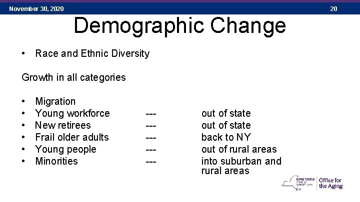 November 30, 2020 20 Demographic Change • Race and Ethnic Diversity Growth in all