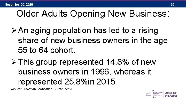 November 30, 2020 29 Older Adults Opening New Business: Ø An aging population has