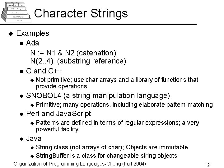 Character Strings u Examples l Ada N : = N 1 & N 2 Character Strings u Examples l Ada N : = N 1 & N 2