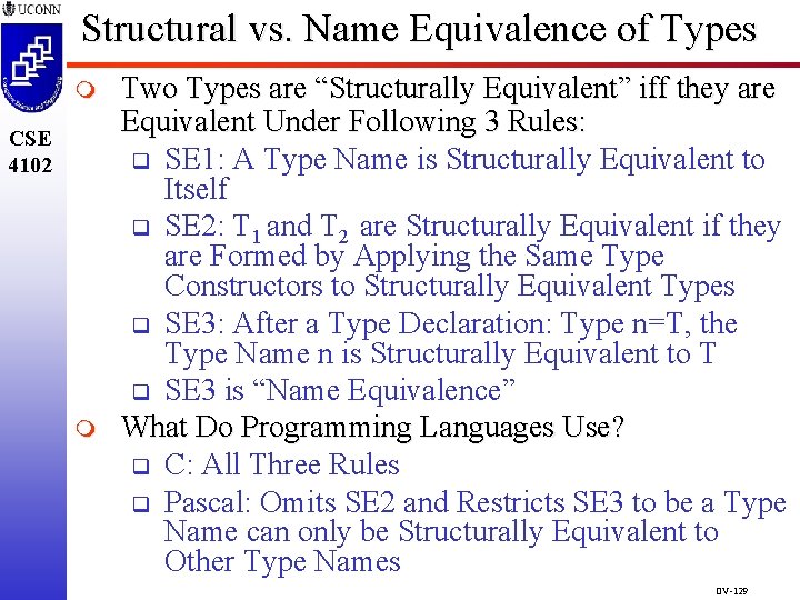 Structural vs. Name Equivalence of Types m CSE 4102 m Two Types are “Structurally Structural vs. Name Equivalence of Types m CSE 4102 m Two Types are “Structurally