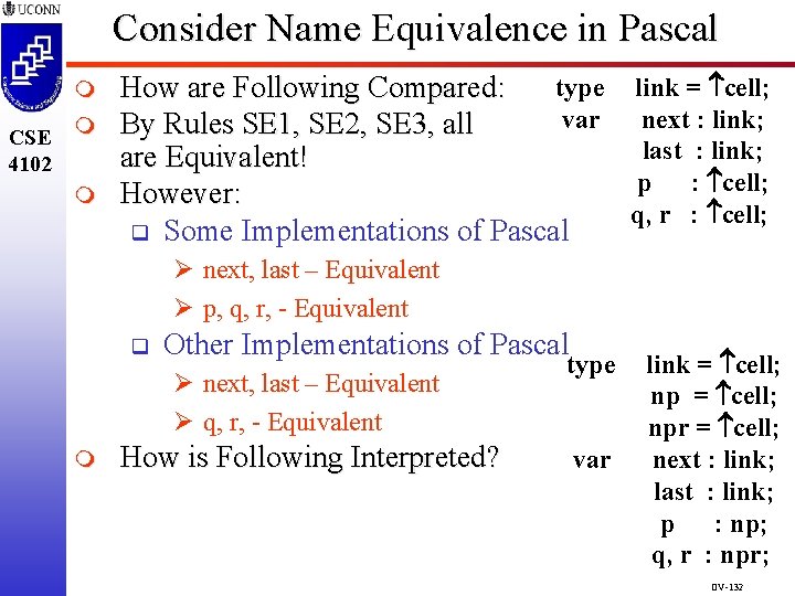 Consider Name Equivalence in Pascal m CSE m 4102 m type link = cell; Consider Name Equivalence in Pascal m CSE m 4102 m type link = cell;