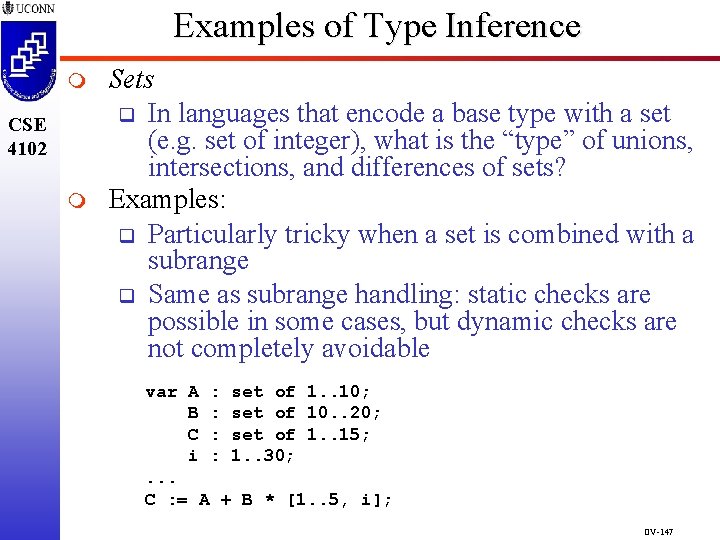 Examples of Type Inference m CSE 4102 m Sets q In languages that encode Examples of Type Inference m CSE 4102 m Sets q In languages that encode