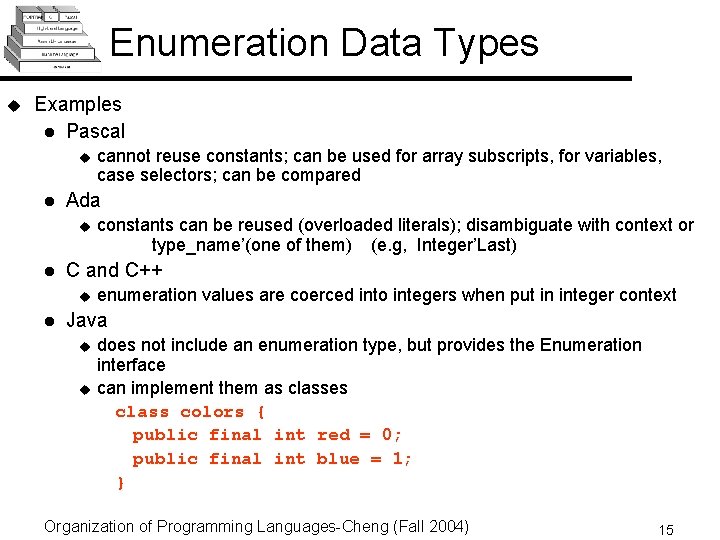 Enumeration Data Types u Examples l Pascal u l Ada u l constants can Enumeration Data Types u Examples l Pascal u l Ada u l constants can