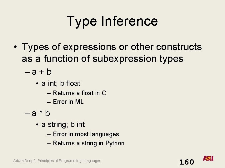 Type Inference • Types of expressions or other constructs as a function of subexpression Type Inference • Types of expressions or other constructs as a function of subexpression