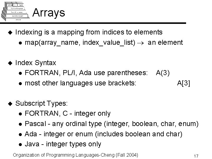 Arrays u Indexing is a mapping from indices to elements l map(array_name, index_value_list) an Arrays u Indexing is a mapping from indices to elements l map(array_name, index_value_list) an