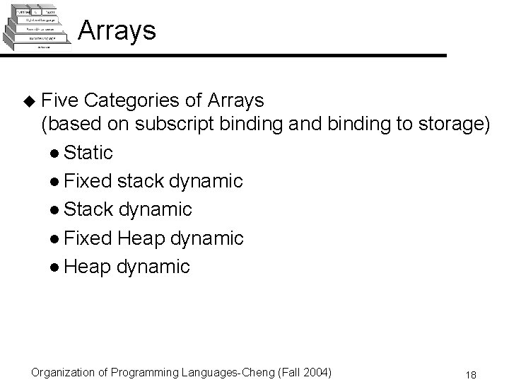 Arrays u Five Categories of Arrays (based on subscript binding and binding to storage) Arrays u Five Categories of Arrays (based on subscript binding and binding to storage)