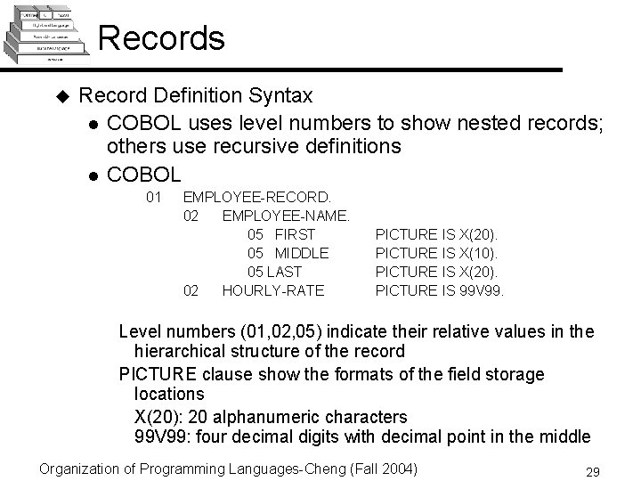 Records u Record Definition Syntax l COBOL uses level numbers to show nested records; Records u Record Definition Syntax l COBOL uses level numbers to show nested records;