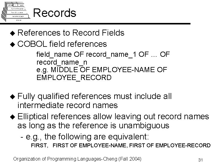 Records u References to Record Fields u COBOL field references field_name OF record_name_1 OF Records u References to Record Fields u COBOL field references field_name OF record_name_1 OF
