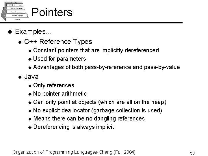 Pointers u Examples… l C++ Reference Types Constant pointers that are implicitly dereferenced u Pointers u Examples… l C++ Reference Types Constant pointers that are implicitly dereferenced u