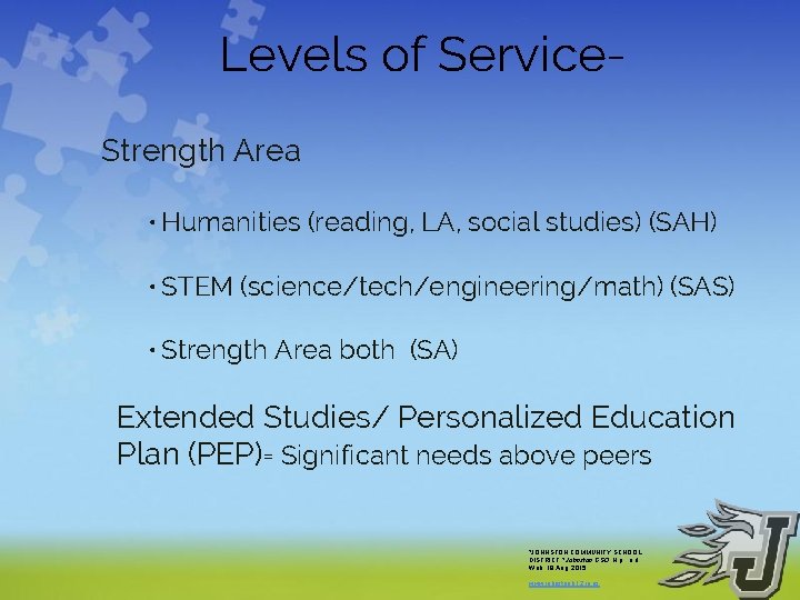 Levels of Service. Strength Area • Humanities (reading, LA, social studies) (SAH) • STEM