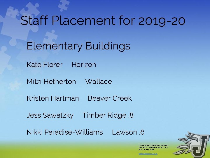 Staff Placement for 2019 -20 Elementary Buildings Kate Florer Horizon Mitzi Hetherton Kristen Hartman