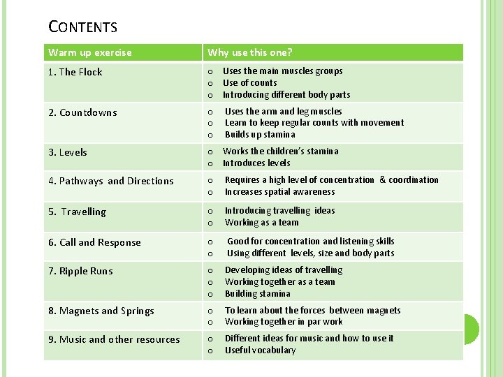 CONTENTS Warm up exercise Why use this one? 1. The Flock o Uses the