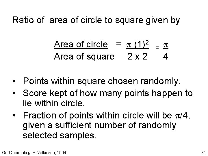 Ratio of area of circle to square given by Area of circle = (1)2