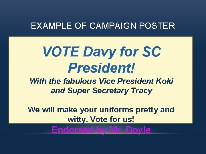 EXAMPLE OF CAMPAIGN POSTER VOTE Davy for SC President! With the fabulous Vice President