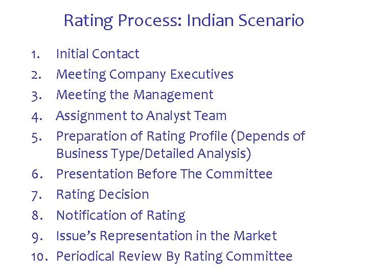 Rating Process: Indian Scenario 1. 2. 3. 4. 5. 6. 7. 8. 9. 10.
