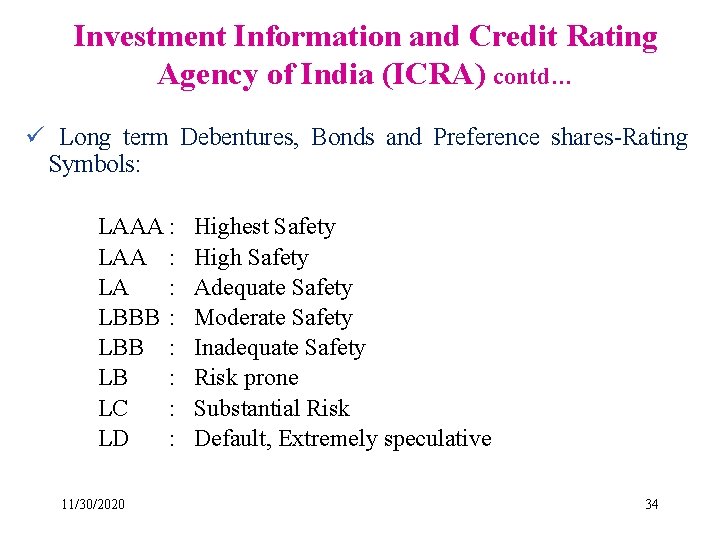 Investment Information and Credit Rating Agency of India (ICRA) contd… ü Long term Debentures,