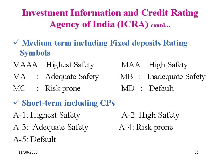 Investment Information and Credit Rating Agency of India (ICRA) contd… ü Medium term including