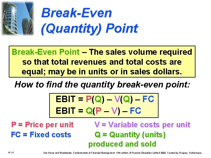 Break-Even (Quantity) Point Break-Even Point – The sales volume required so that total revenues