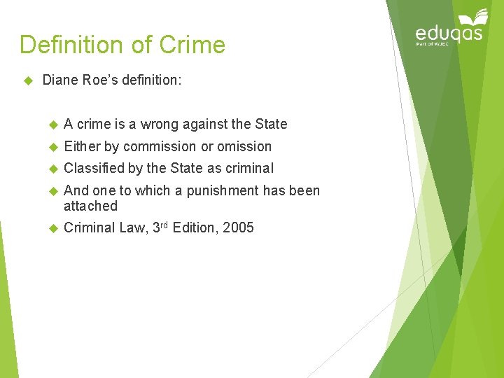 Definition of Crime Diane Roe’s definition: A crime is a wrong against the State