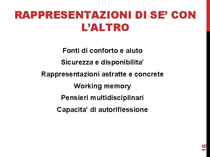 RAPPRESENTAZIONI DI SE’ CON L’ALTRO Fonti di conforto e aiuto Sicurezza e disponibilita’ Rappresentazioni RAPPRESENTAZIONI DI SE’ CON L’ALTRO Fonti di conforto e aiuto Sicurezza e disponibilita’ Rappresentazioni