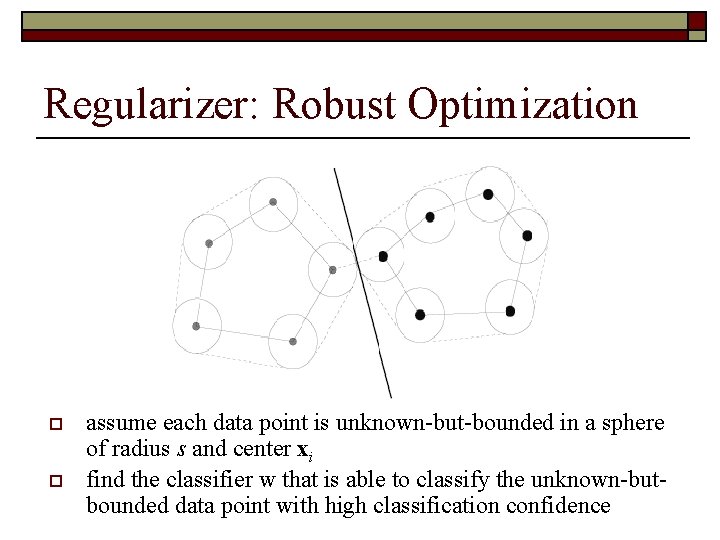 Regularizer: Robust Optimization o o assume each data point is unknown-but-bounded in a sphere