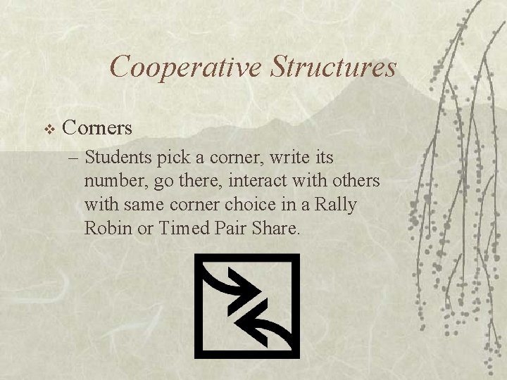 Cooperative Structures v Corners – Students pick a corner, write its number, go there,