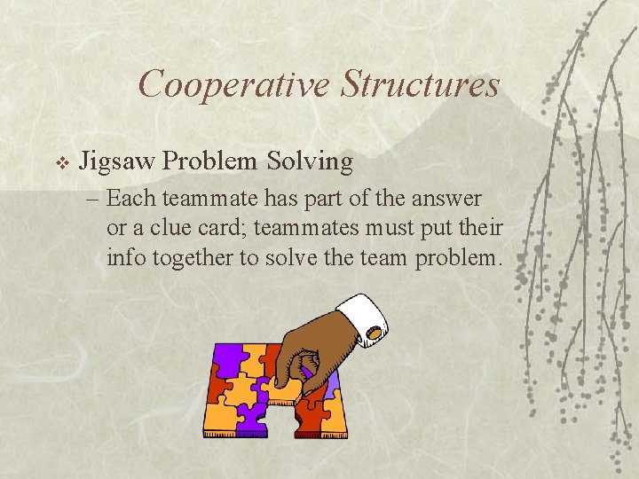 Cooperative Structures v Jigsaw Problem Solving – Each teammate has part of the answer