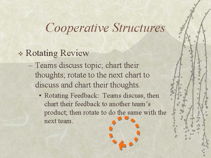 Cooperative Structures v Rotating Review – Teams discuss topic; chart their thoughts; rotate to