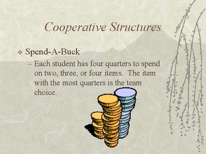 Cooperative Structures v Spend-A-Buck – Each student has four quarters to spend on two,