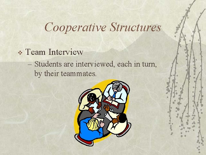 Cooperative Structures v Team Interview – Students are interviewed, each in turn, by their