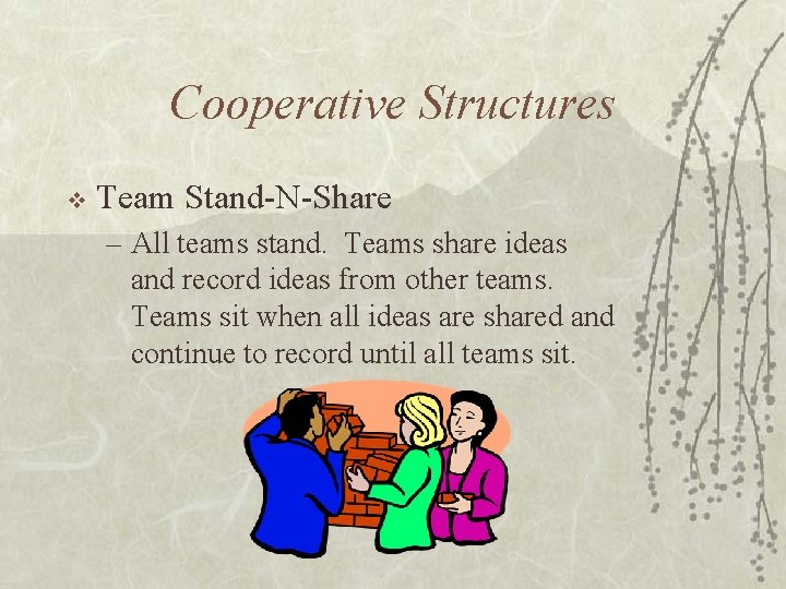 Cooperative Structures v Team Stand-N-Share – All teams stand. Teams share ideas and record
