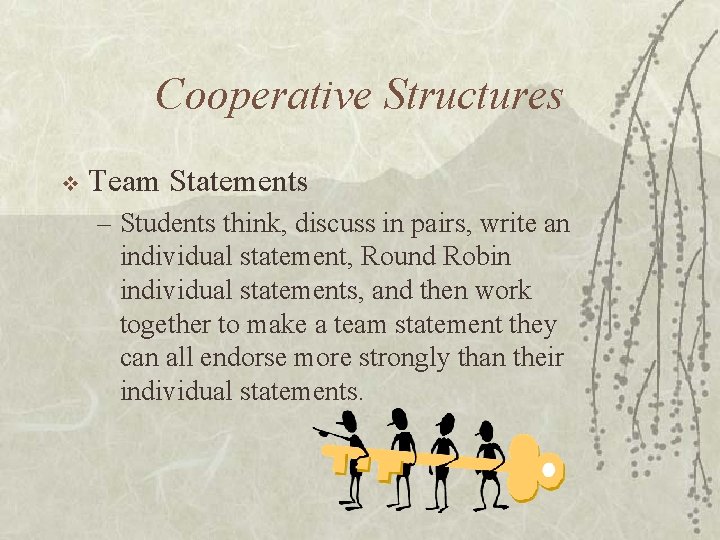 Cooperative Structures v Team Statements – Students think, discuss in pairs, write an individual