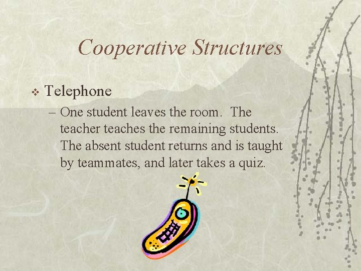 Cooperative Structures v Telephone – One student leaves the room. The teacher teaches the