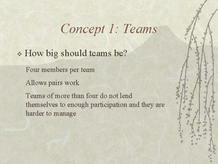Concept 1: Teams v How big should teams be? Four members per team Allows