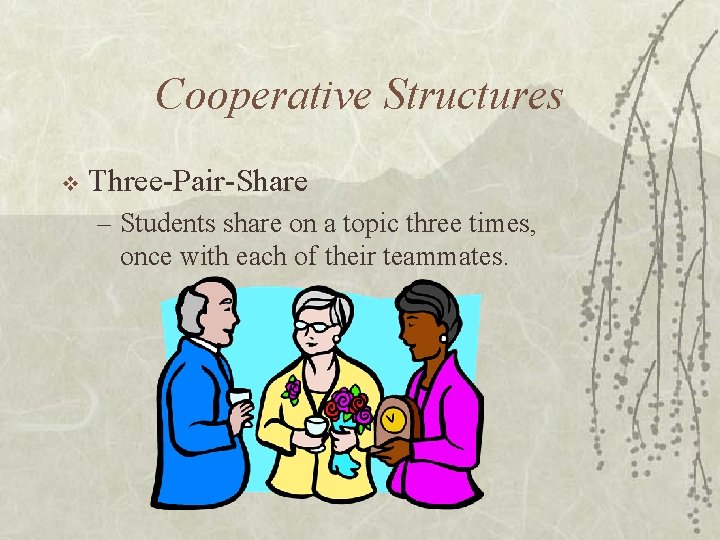 Cooperative Structures v Three-Pair-Share – Students share on a topic three times, once with