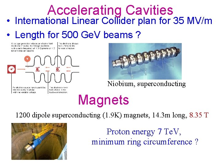 Accelerating Cavities • International Linear Collider plan for 35 MV/m • Length for 500