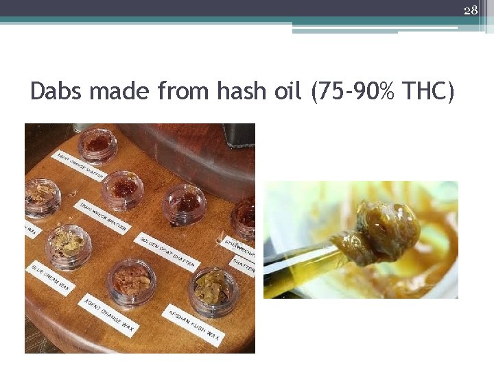 28 Dabs made from hash oil (75 -90% THC) 