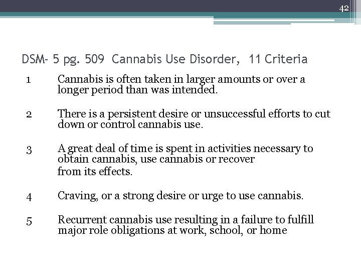 42 DSM- 5 pg. 509 Cannabis Use Disorder, 11 Criteria 1 Cannabis is often