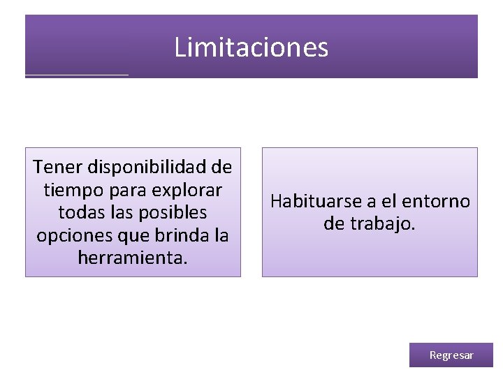 Limitaciones Tener disponibilidad de tiempo para explorar todas las posibles opciones que brinda la