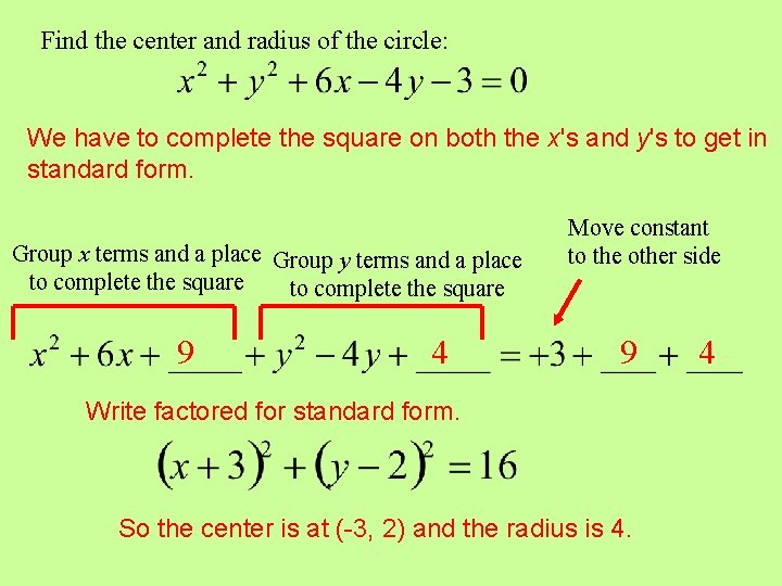 Find the center and radius of the circle: We have to complete the square