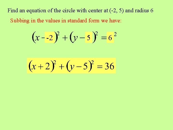 Find an equation of the circle with center at (-2, 5) and radius 6