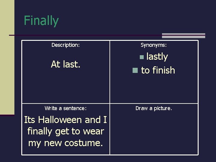 Finally Description: Synonyms: At lastly n to finish Write a sentence: Draw a picture. Finally Description: Synonyms: At lastly n to finish Write a sentence: Draw a picture.