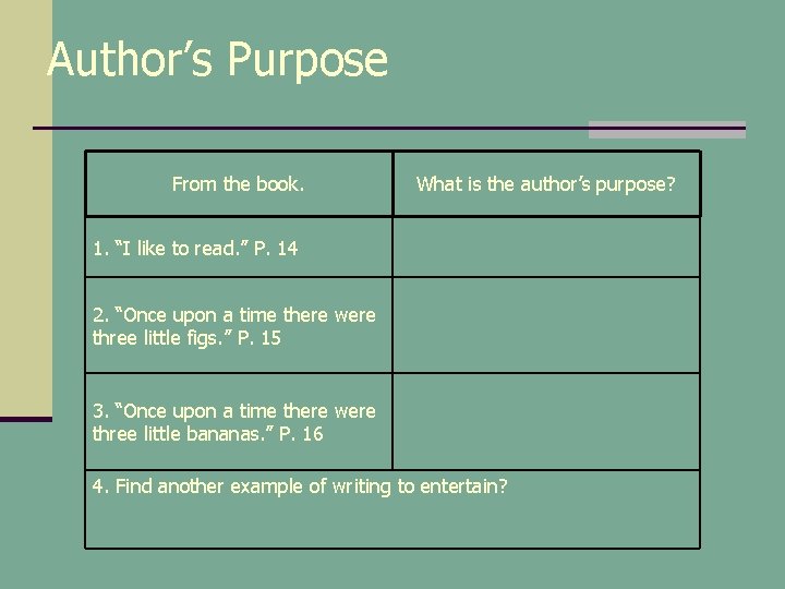 Author’s Purpose From the book. What is the author’s purpose? 1. “I like to Author’s Purpose From the book. What is the author’s purpose? 1. “I like to