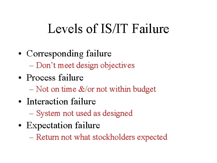 Levels of IS/IT Failure • Corresponding failure – Don’t meet design objectives • Process Levels of IS/IT Failure • Corresponding failure – Don’t meet design objectives • Process